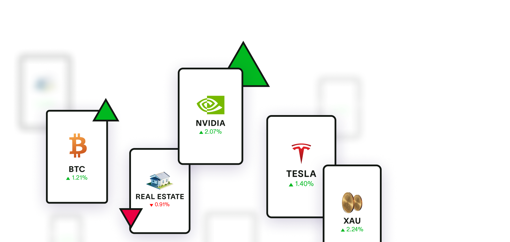 Asset cards showing BTC, NVIDIA, REAL ESTATE, TESLA, and XAU